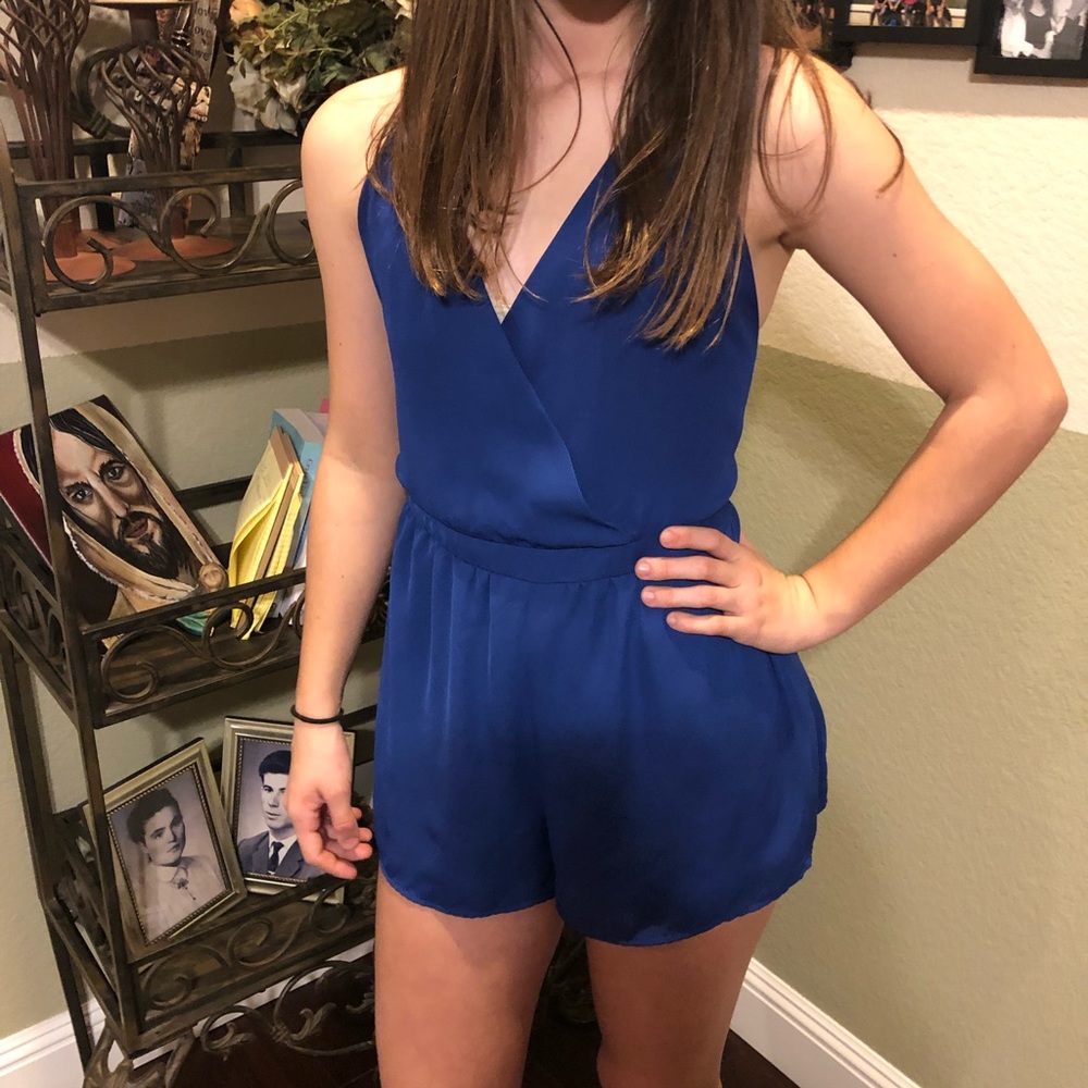 Blue open back romper